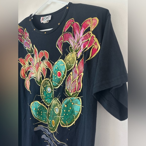 Vtg Art Land Black Cotton Blend Embellished Cactus Floral Long T-Shirt One Size - Picture 6 of 7